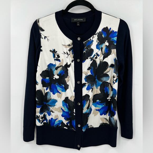 St. John Floral Cardigan Sweater Wool Cashmere Silk Buttons Navy Blue Petite 2 - Picture 1 of 12